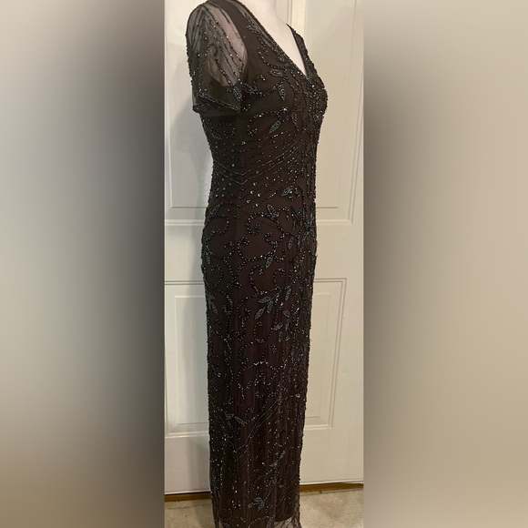 Pisarro Nights Cosmic Navy Beaded Gray Mesh Column  Formal Party Gown Size 4 - Picture 6 of 11